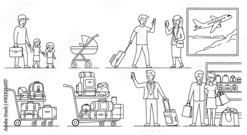 Airport Travelers Line Art Character Set – People with Luggage for Travel and Shopping Vector Illustration