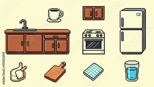 pixel art kitchen appliances and utensils set with fridge oven sink and wood cabinets