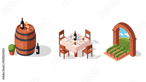 wine barrel table set dining outdoors vineyard landscape isometric collection