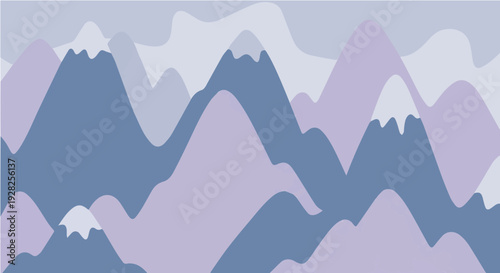 Cartoon illustration of majestic purple mountain range with snow capped peaks in layered style background