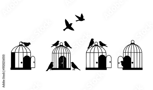Minimal Bird And Cage Silhouette Modern Symbolic Vector Illustration On White