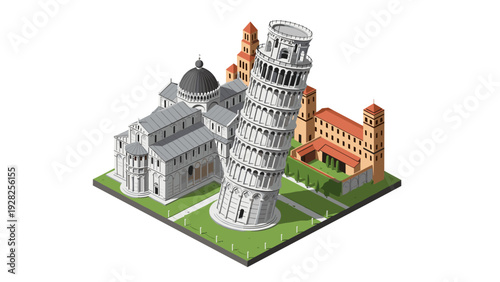 isometric view of leaning tower of pisa with surrounding buildings in colorful vector style for travel illustration