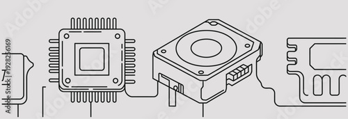 Detailed line drawing of a central processing unit (CPU) with pins, a computer fan, and a circuit board connector, illustrating microelectronics and computer engineering.