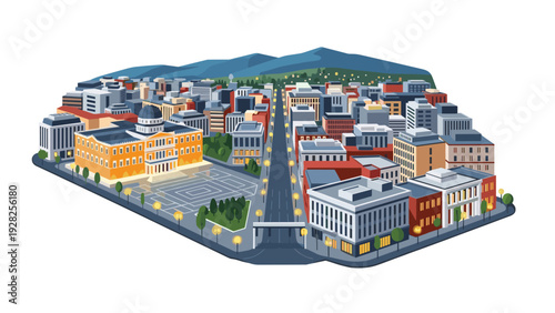 isometric cityscape with government and commercial buildings and mountain background in flat colorful style