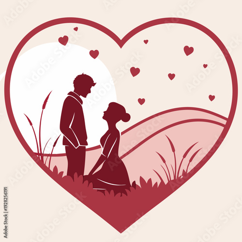 Romantic Couple Silhouette Inside Heart Vector