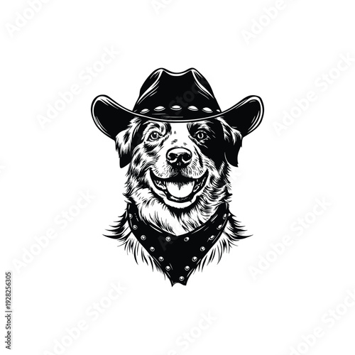 Black and white hand drawn illustration of a dog head with a cowboy hat and studded necklace in retro vintage style vector art
