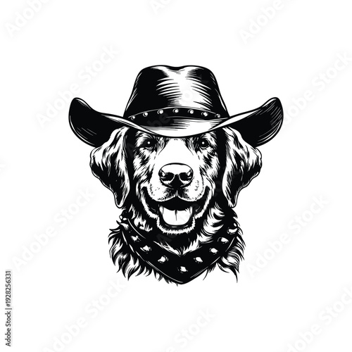 Black and white hand drawn illustration of a dog head with a cowboy hat and studded necklace in retro vintage style vector art