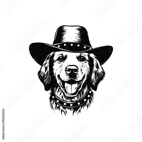Black and white hand drawn illustration of a dog head with a cowboy hat and studded necklace in retro vintage style vector art