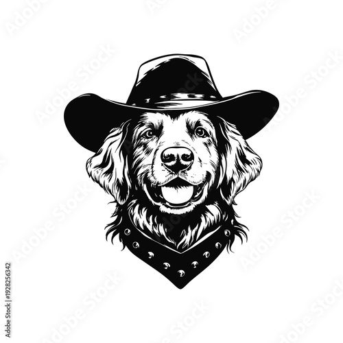 Black and white hand drawn illustration of a dog head with a cowboy hat and studded necklace in retro vintage style vector art