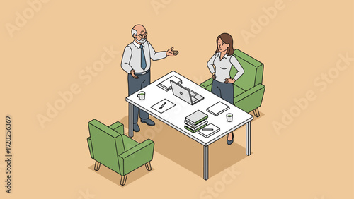 Professional meeting between an older man and a woman sitting at a desk equipped with a laptop, books, and coffee.