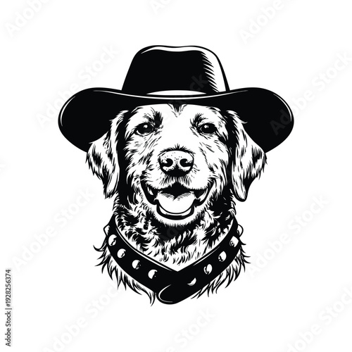 Black and white hand drawn illustration of a dog head with a cowboy hat and studded necklace in retro vintage style vector art