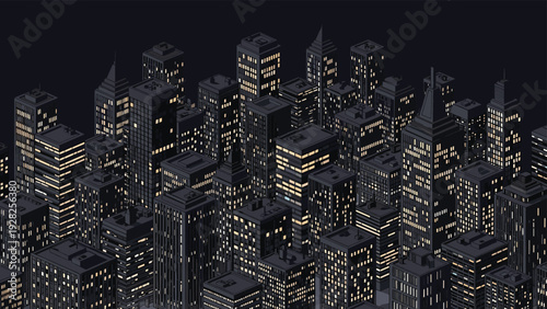 Dense metropolitan city skyline at night with numerous lit windows in skyscrapers and high-rise buildings under a dark sky.