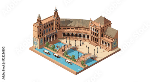 isometric illustration of a historic plaza with ornate buildings bridges and boats in canal hand drawn style for travel and architecture design