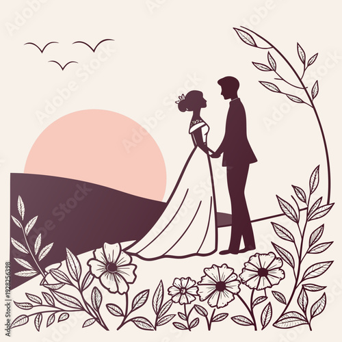 Romantic Bride and Groom Silhouette Vector Scene