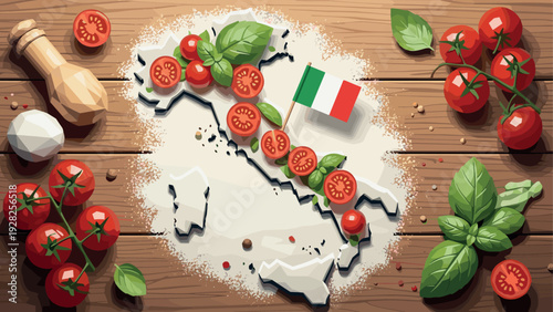 map of Italy made of flour with tomatoes basil and Italian flag on wooden table food illustration