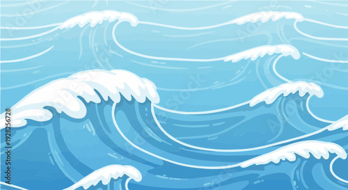 Cartoon seamless blue ocean waves pattern with white foam crests for sea water background design