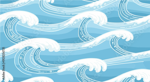 Cartoon seamless stylized blue ocean waves pattern with curving lines for nautical background design