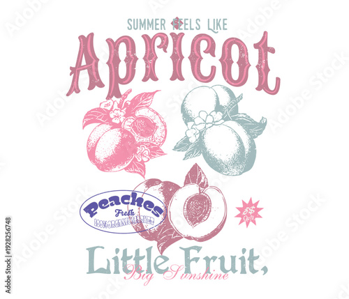 Abstract apricot peach fruit illustration. summer fruit tee t-shirt design. women's girl's tops graphic tee, food fahion artwork. tropical sisonal food print.