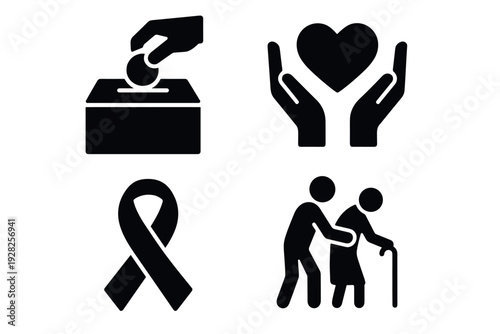 charity and care icons set hand drawn style donation heart ribbon helping elder symbols