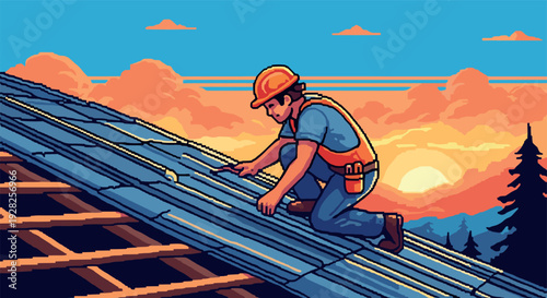 roofer installing metal roofing panels during sunset hand drawn digital illustration