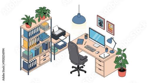 Cozy home office workstation with a computer, rolling chair, printer, tall filing shelves, and decorative indoor plants.