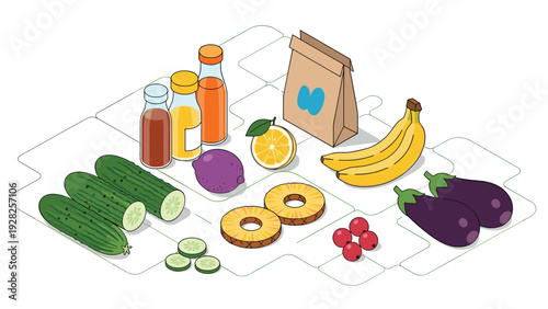 Selection of healthy snacks and beverages including juice bottles, cucumbers, orange, banana, pineapple, and a paper bag.