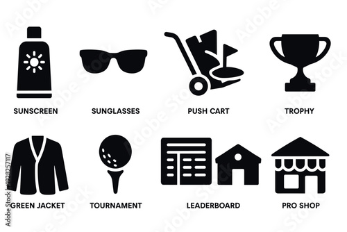 golf equipment and tournament icons set in solid black silhouette style for sports design