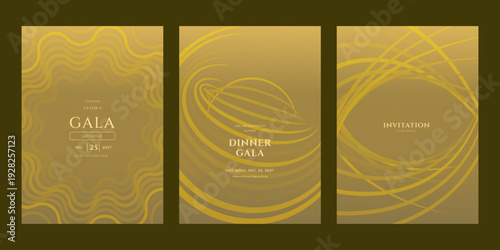 Set of three elegant, golden invitation templates for a gala or dinner event. Modern, abstract vector designs for formal occasions. Includes date December 2027.