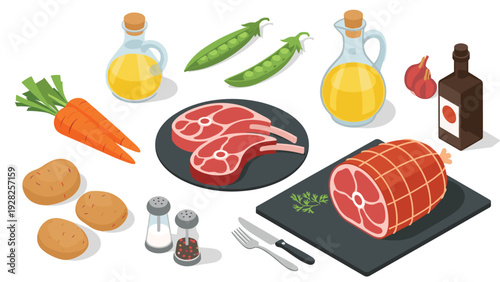 Assortment of raw food items including lamb chops, ham, potatoes, carrots, peas, and various cooking oils and spices.
