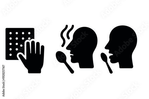 hand drawn braille reading and tasting food silhouette icons set