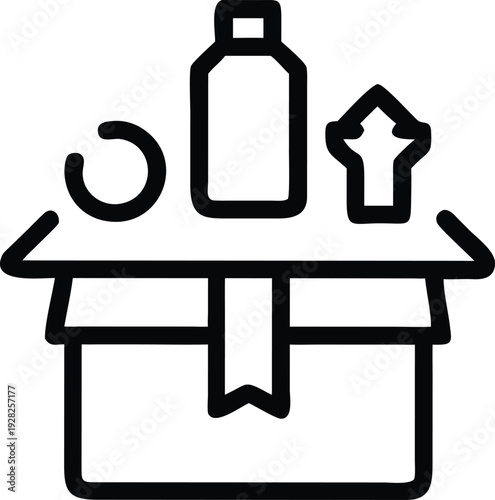 Open delivery box containing a bottle, ring, and upward arrow indicating package contents