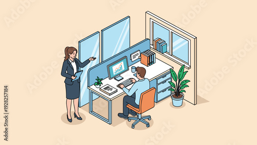 Professional woman in a business suit interviewing a man sitting at a desk with a computer and various office supplies.