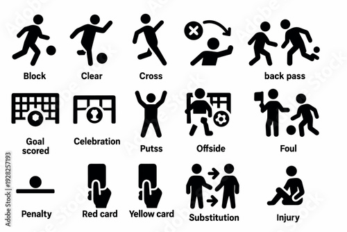 soccer icon set with hand drawn style illustrating common game actions and referee signals