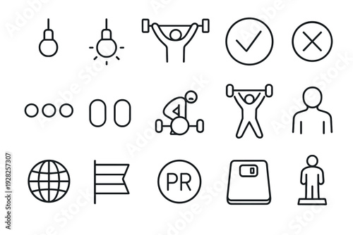 set of hand drawn fitness and technology line art icons including weightlifting and light bulb
