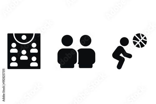 basketball team lineup two players and player passing ball icons in black silhouette style