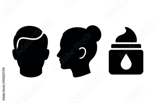 silhouette icons of man and woman heads with skin cream jar in black and white simple style
