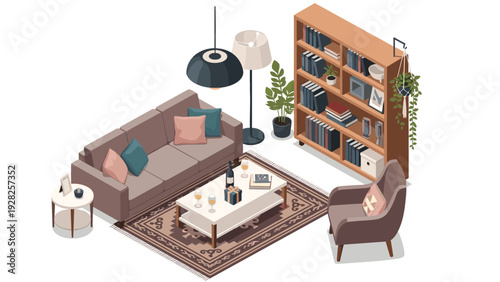 Stylish isometric living room interior with a brown sofa, wooden bookshelf, cozy rug, and coffee table with wine and snacks.