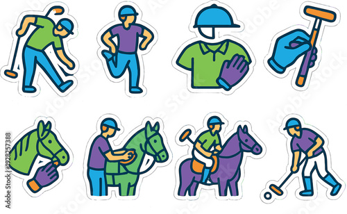 colorful hand drawn polo player activity icons set including warmup stretching gear check mallet adjustment and horse care