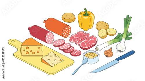 Assorted food ingredients in isometric view featuring salami, cheese, raw meat steaks, bell pepper, onion, and a chef knife on a white background.