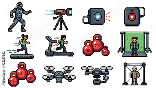 set of pixel art fitness and motion capture icons with drone cameras and exercise equipment
