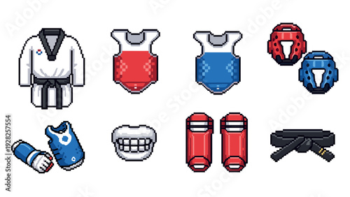 pixel art taekwondo equipment set hand drawn icons including uniform chest protectors helmets gloves mouthguard shin guards and belt