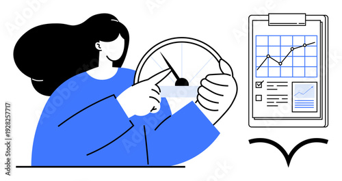 Business analytics, performance monitoring, data visualization, progress tracking, growth strategy, financial forecasting. Woman interacting with a speedometer and a data chart. Business analytics
