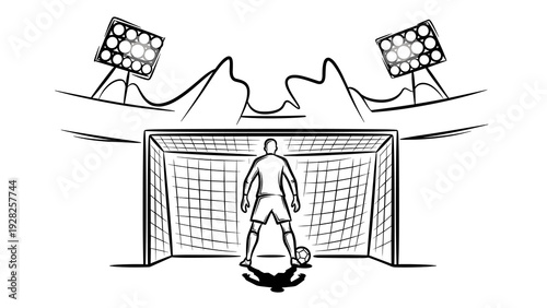 soccer goalkeeper standing in front of goal with ball hand drawn outline sports illustration