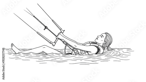woman floating on water practicing kite surfing hand drawn line art illustration