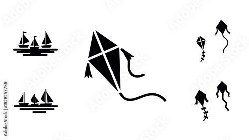 black silhouette kite and sailboat icons hand drawn set for outdoor and leisure design