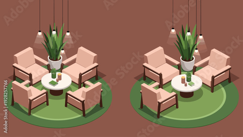 Symmetrical isometric lounge design featuring four pink armchairs around a coffee table on a green rug with large plants and pendant lights.