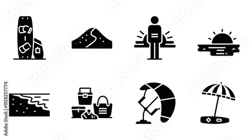 black silhouette icons set of beach and surfing elements in minimalist style