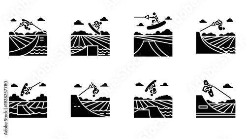 wakeboarding action silhouette set in black and white hand drawn style with water and ramp elements