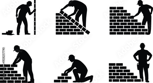 Bricklaying process silhouettes, construction worker icons, masonry wall building, step-by-step stages, manual labor progression, site activity vector, black illustration design