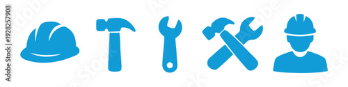 Set of blue construction and maintenance icons including hard hat, hammer, wrench, and worker silhouette on a white background.